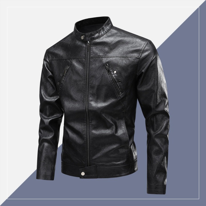 Herren Lederimitat-Bikerjacke mit Stehkragen, schmaler Passform & diagonalen Reißverschlusstaschen Drune