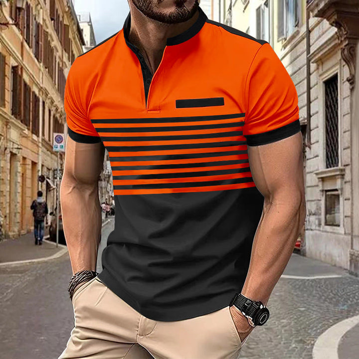 Herren nan kurzärmeliges Streifen-Kurzarmshirt mit Knopfleiste, Stehkragen und Brustpaspel Drune