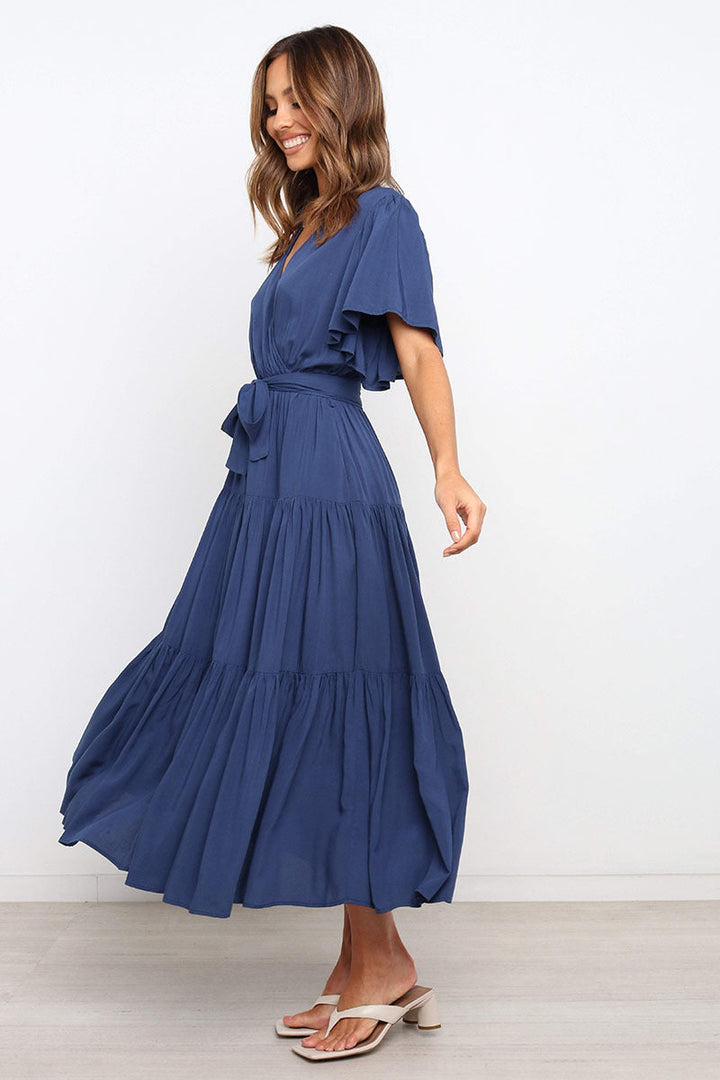 Damen Maxikleid mit tiefem V-Ausschnitt und schwingenden Ärmeln Drune