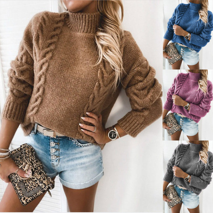 Damen Grobgestrickter Kurzpullover mit Zopfmuster und Stehkragen Drune