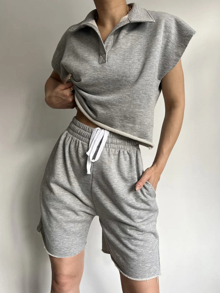 Damen lässiges Poloshirt und kurze Sweatshorts Set Drune
