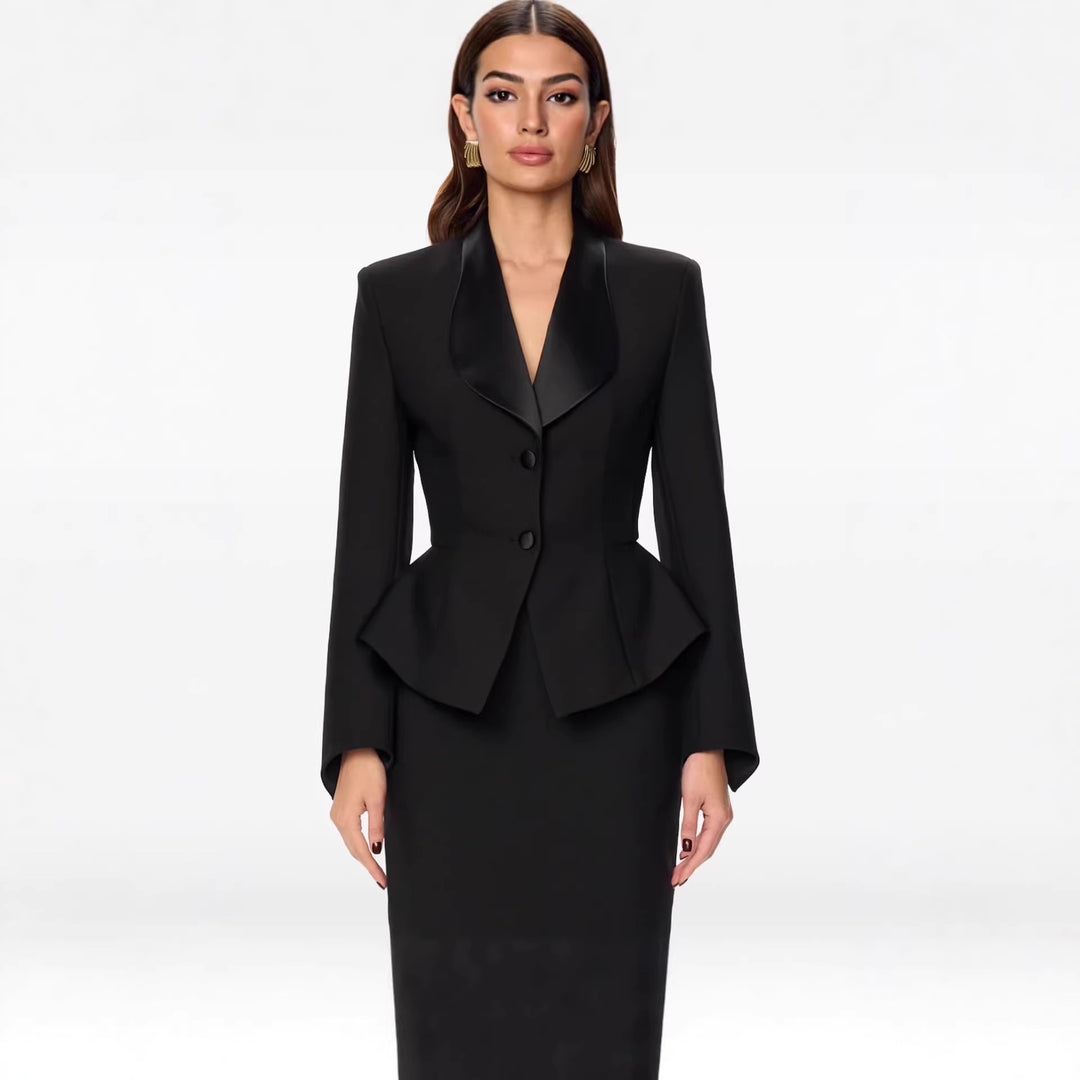 Damen Taillierter Blazer mit Schößchen Satin‑Schalkragen und schlanker Silhouette Drune