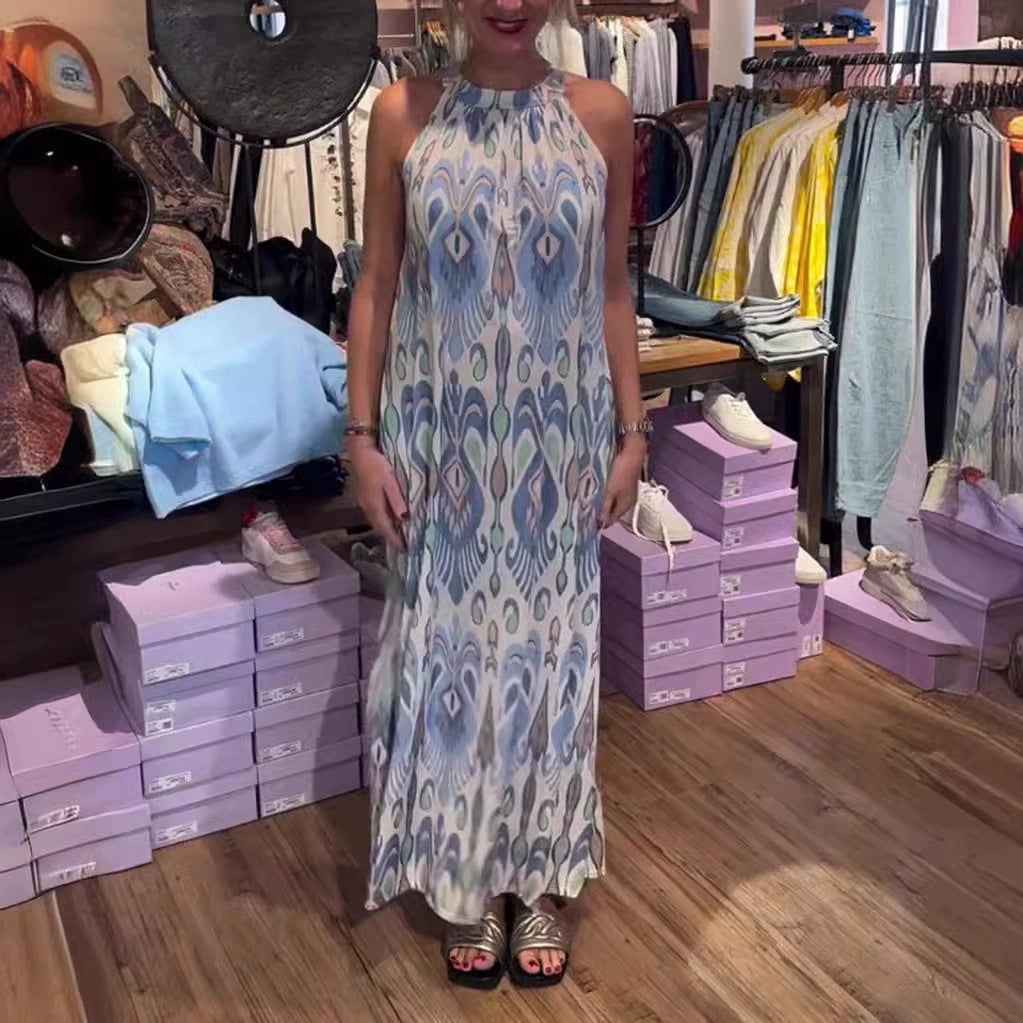Damen nan fließendes Maxikleid mit Halterkragen, ornamentalem Ikat‑Print und weitem Fall Drune