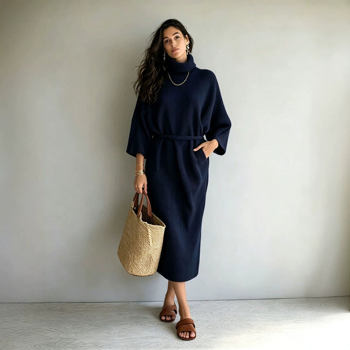 Damen Midilanges Rippenstrickkleid mit Rollkragen, Dreiviertelärmeln und Bindegürtel Drune
