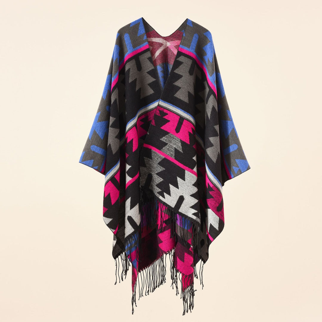Damen Oversize-Ruana mit V‑Ausschnitt, grobem Jacquardmuster und langen Fransen Drune