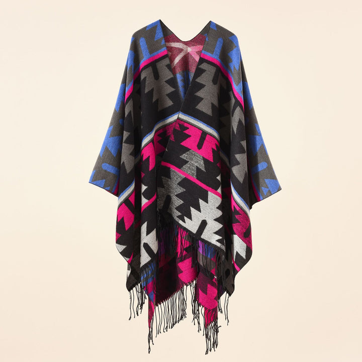 Damen Oversize-Ruana mit V‑Ausschnitt, grobem Jacquardmuster und langen Fransen Drune