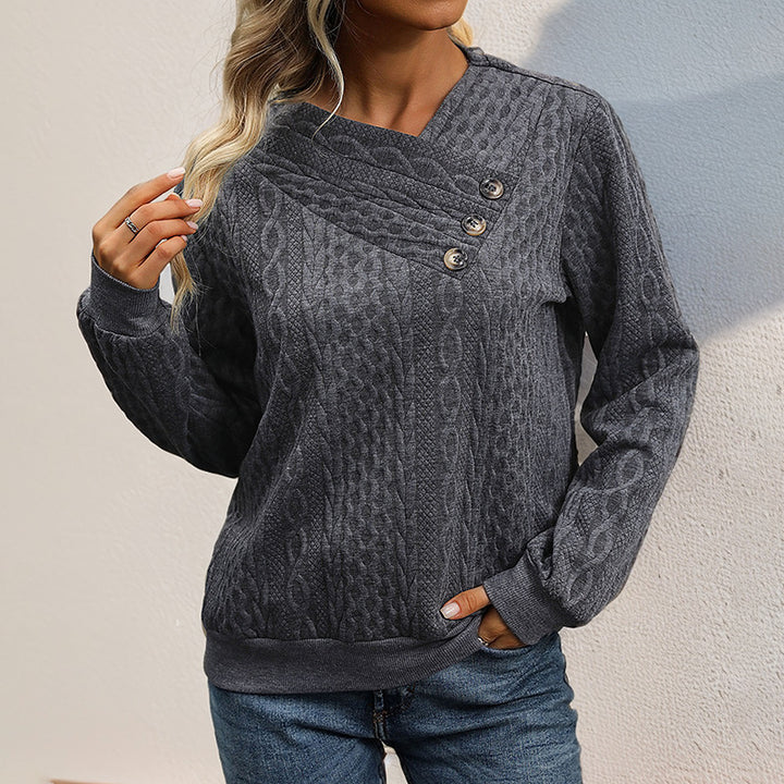 Damen Strukturierter Zopfstrick-Pullover mit asymmetrischer Knopfleiste & Rundhalsausschnitt Drune