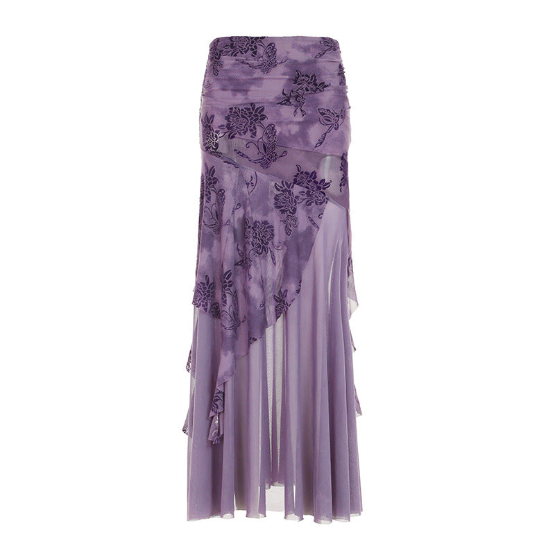 Damen asymmetrischer Maxirock mit floralen Details und transparenten Schichten Drune