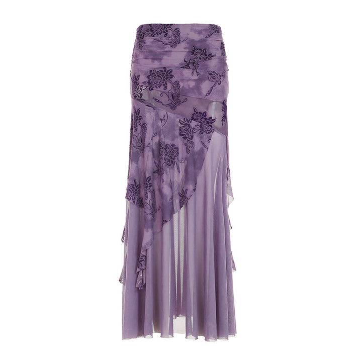Damen asymmetrischer Maxirock mit floralen Details und transparenten Schichten Drune