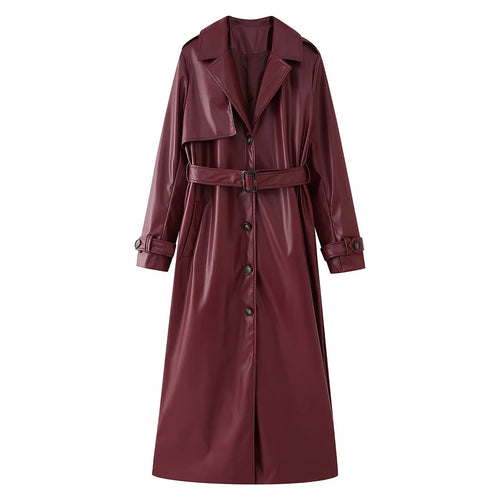 Damen nan langer veganer Trenchcoat in Lederoptik mit Taillengürtel und Schulterklappe Drune