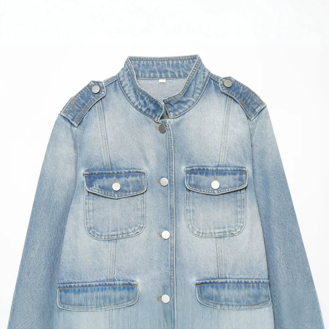 Damen Jeans-Kurzjacke im Utility-Stil mit Schulterklappen Drune