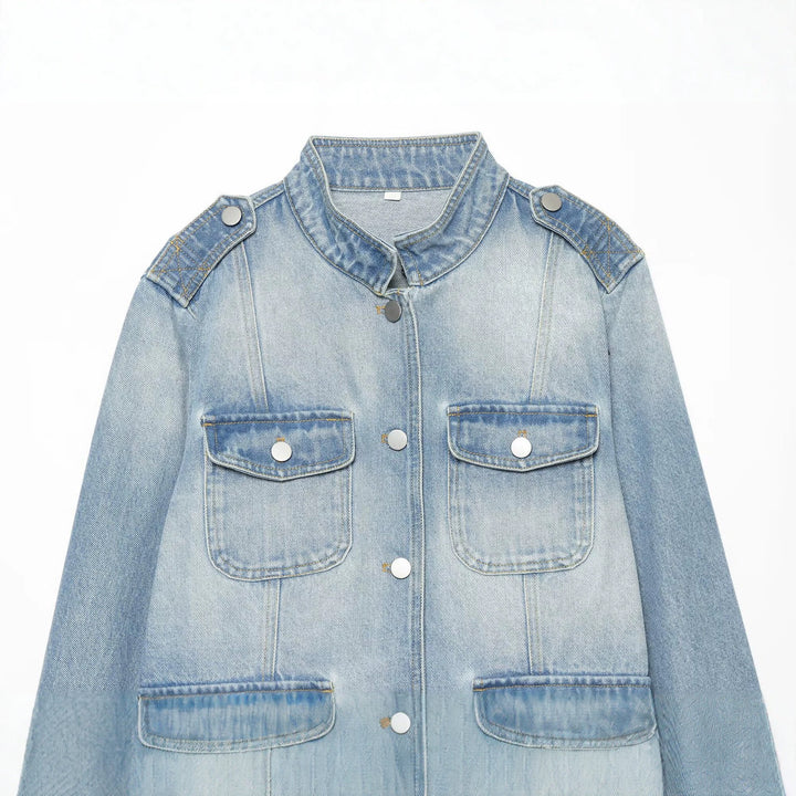 Damen Jeans-Kurzjacke im Utility-Stil mit Schulterklappen Drune
