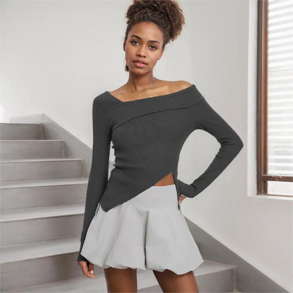 Damen asymmetrisches Langarmshirt mit elegantem Wickeldesign Drune