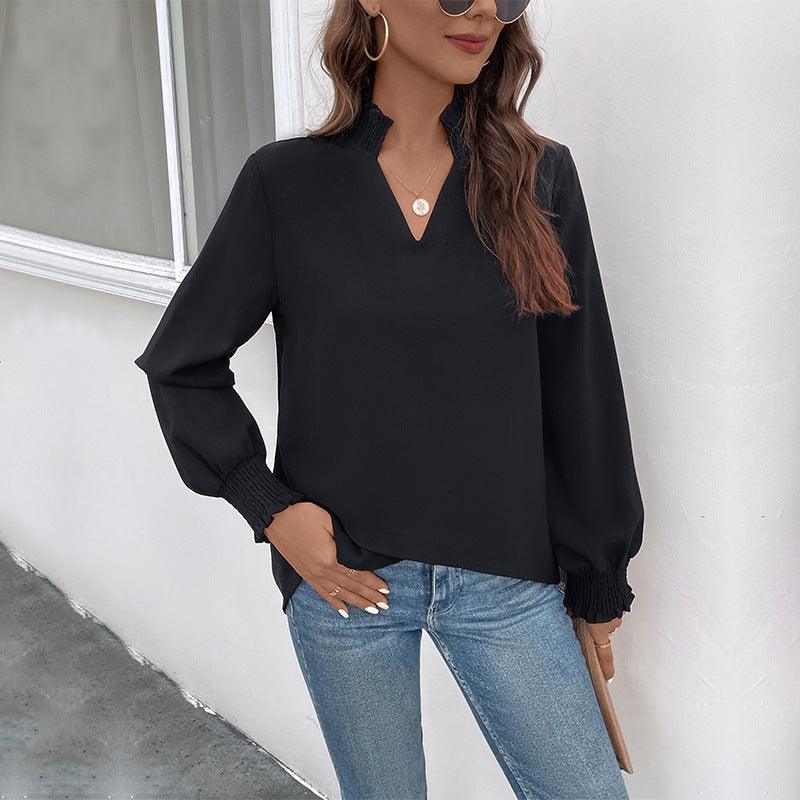 Damen Lockeres V-Ausschnitt-Blusenshirt mit Smokmanschetten und geradem Saum Drune