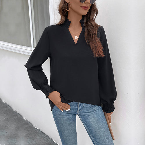 Damen Lockeres V-Ausschnitt-Blusenshirt mit Smokmanschetten und geradem Saum Drune