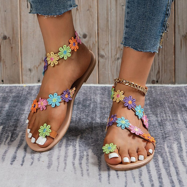 Damen Sommer Sandalen mit buntem Blüten-Design und rutschfester Sohle Drune