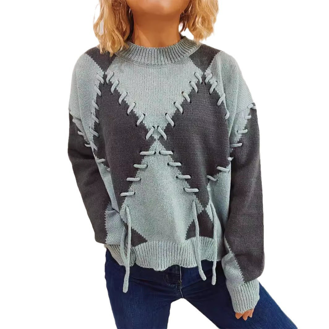 Damen modischer Oversized Pullover mit gekreuzten Ziernähten Drune