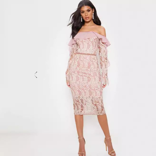 Damen Off-Shoulder Spitzenkleid mit voluminösen Rüschen und figurbetontem Schnitt Drune
