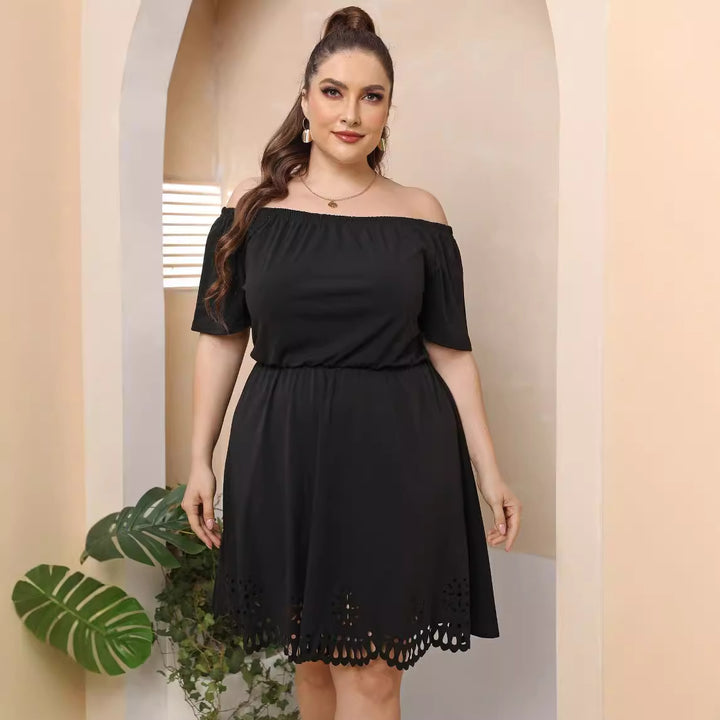 Damen Off-Shoulder Kleid mit dekorativem Lochmuster Drune
