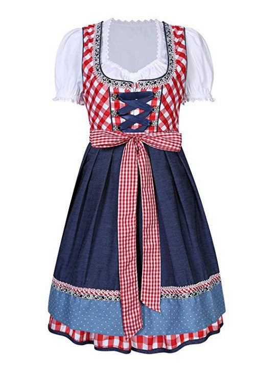 Damen  kurzes traditionelles Trachten Dirndl mit Herzausschnitt Schnürkorsett und karierter Schürze Drune