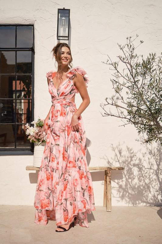 Damen Maxi-Kleid mit floralen Rüschen und schwingendem Design Drune