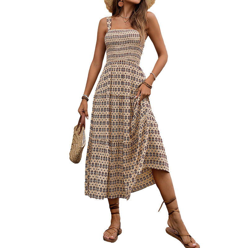 Damen Maxikleid mit strukturierten Rüschendetails und verspieltem Geometrie-Druck Drune