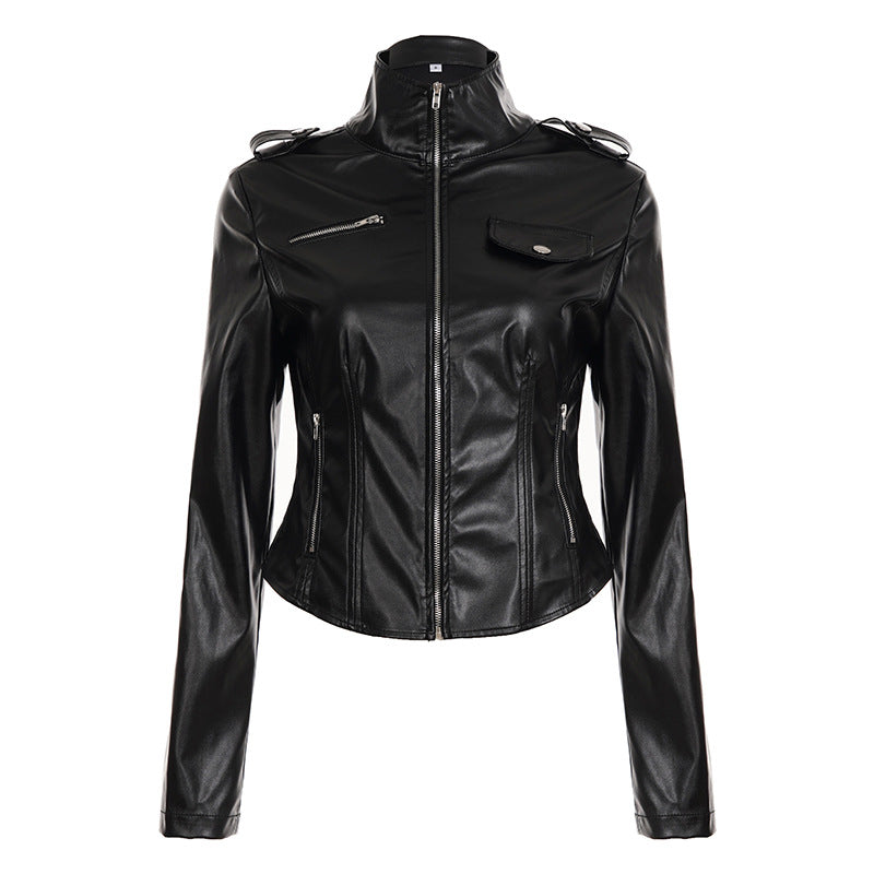 Damen nan taillierte Kunstleder-Bikerjacke mit Stehkragen, Schulterpatten und Reißverschlusstaschen Drune