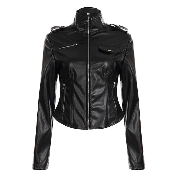 Damen nan taillierte Kunstleder-Bikerjacke mit Stehkragen, Schulterpatten und Reißverschlusstaschen Drune