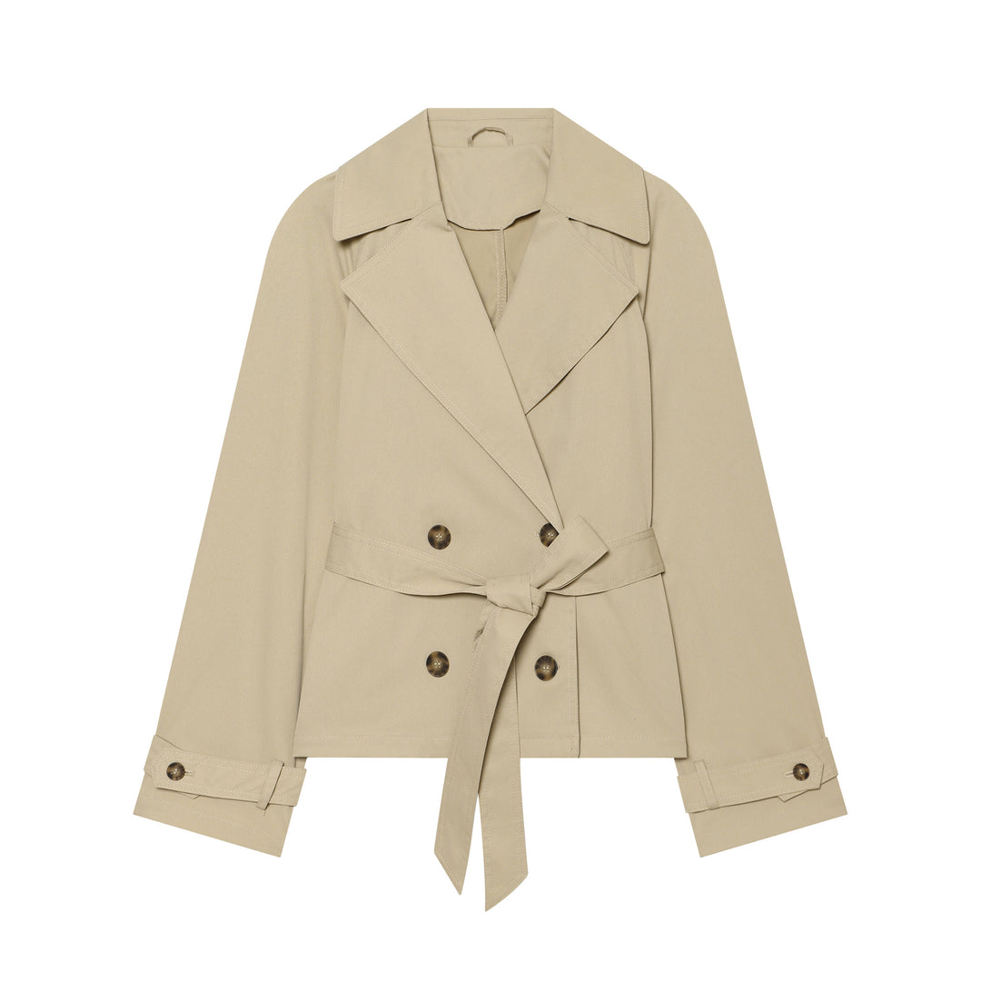 Damen kurzer taillierter Trench‑Blouson mit Bindegürtel, doppelreihiger Knopfleiste und weitem Revers Drune