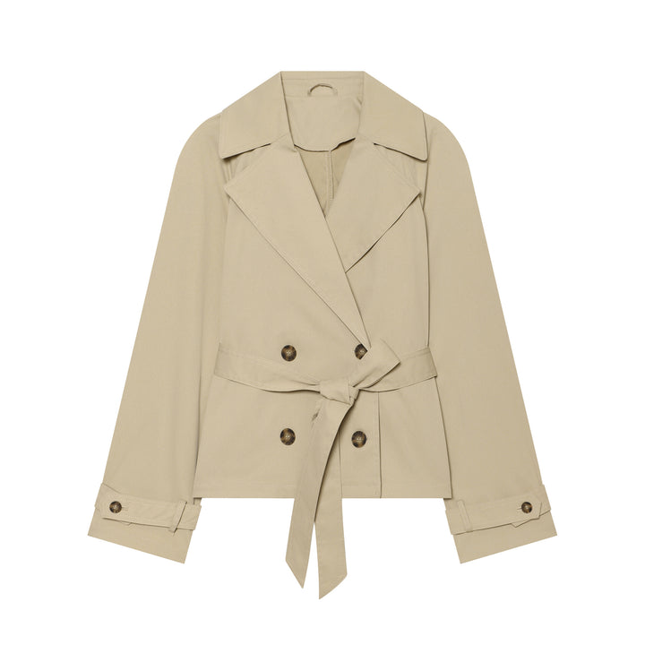 Damen kurzer taillierter Trench‑Blouson mit Bindegürtel, doppelreihiger Knopfleiste und weitem Revers Drune