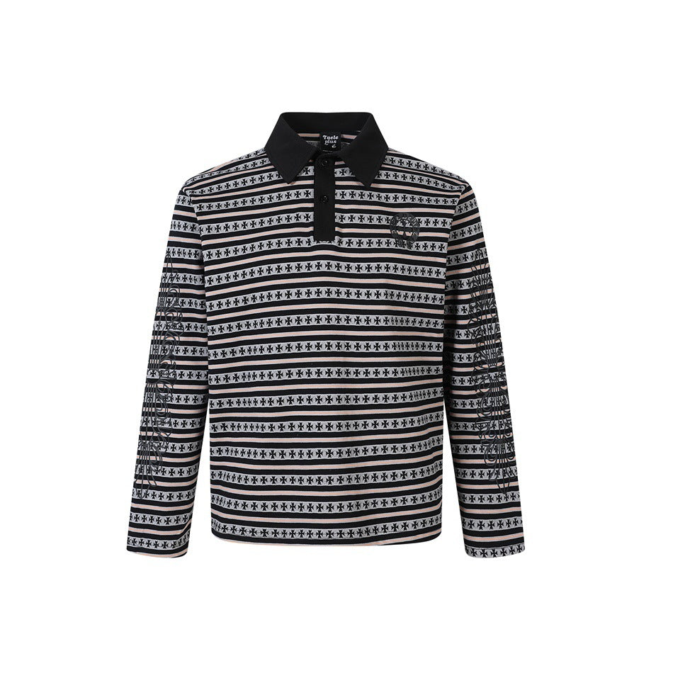 Unisex Langarm-Poloshirt mit Jacquard-Streifenmuster, Rippkragen und Logostick Drune