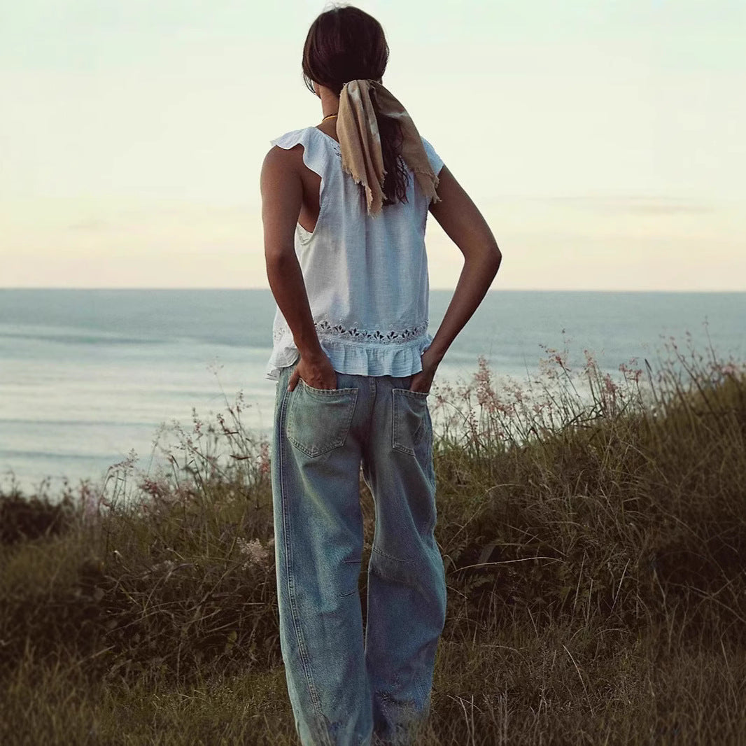 Damen luftiger Leinen-Crop-Top mit Rüschen Drune