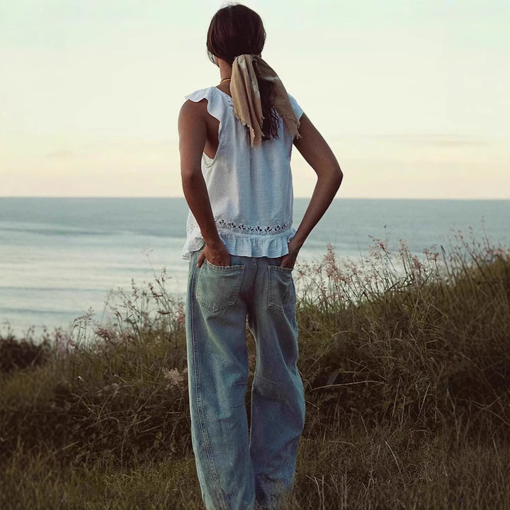 Damen luftiger Leinen-Crop-Top mit Rüschen Drune