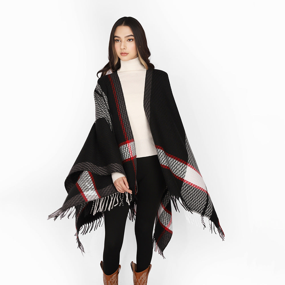 Damen Capeponcho mit Fransen und kariertem Jacquard-Design Drune