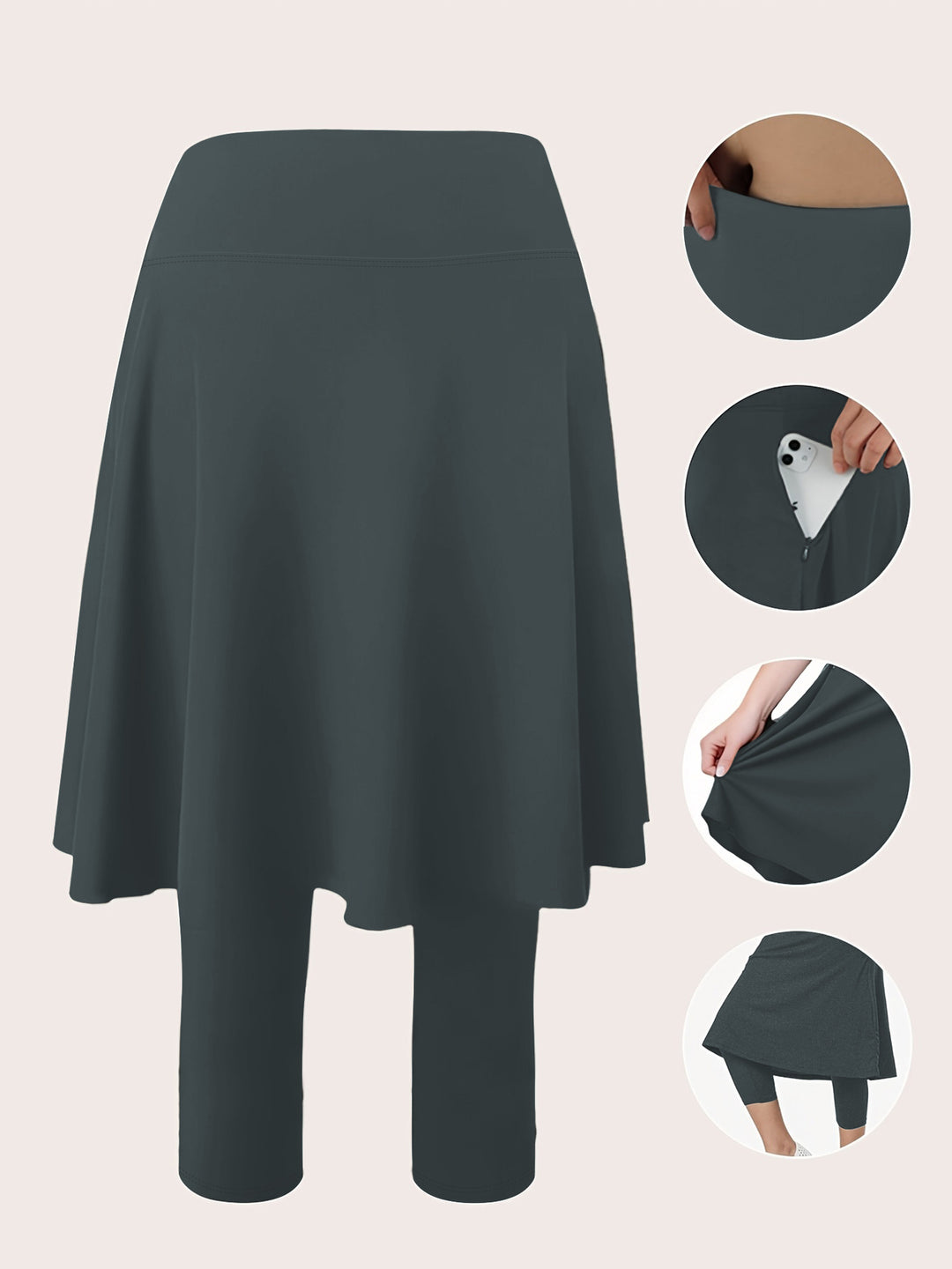 Damen Leggings mit integriertem Rock hoher Taillenbund und Seitentasche Drune