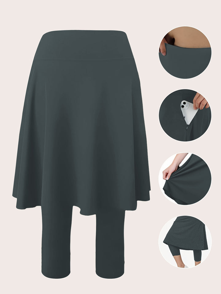 Damen Leggings mit integriertem Rock hoher Taillenbund und Seitentasche Drune