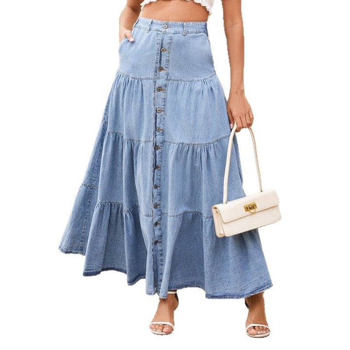 Damen Denim-Midirock mit Taillenbund und Knopfdetail Drune