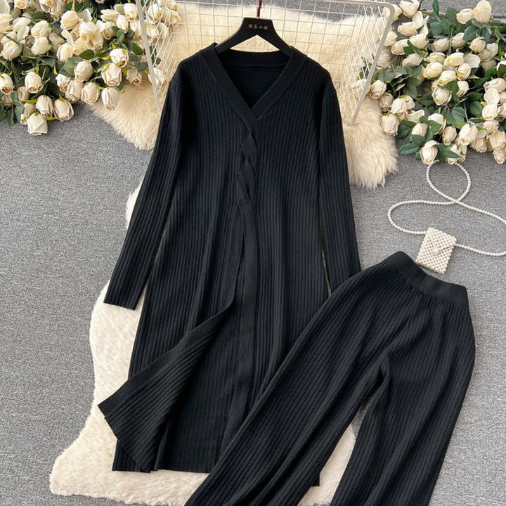 Damen elegantes Strickanzug mit V-Ausschnitt und weitem Bein Drune