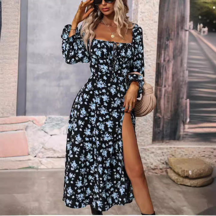 Damen Maxikleid mit tiefem Schlitz und floralem Design Drune