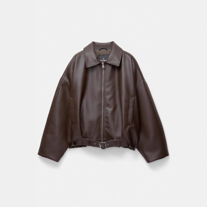 Damen nan kurz geschnittene Kunstlederjacke mit durchgehendem Reißverschluss und taillierendem Gürtel Drune