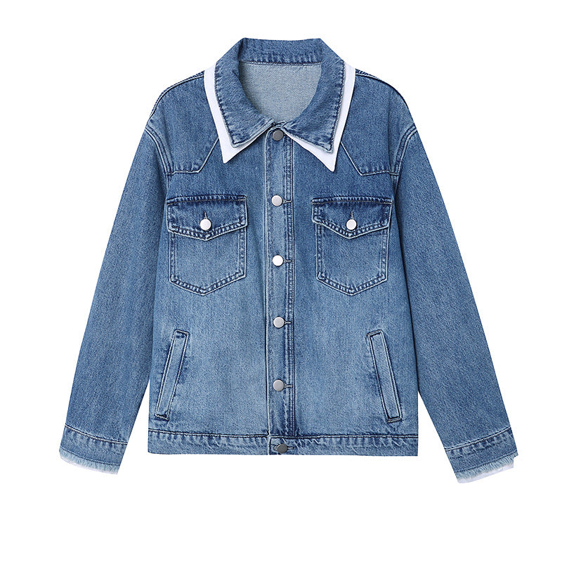 Damen Jeansjacke im modernen Oversized-Stil mit luxuriösem Kragen und seitlichen Taschen Drune