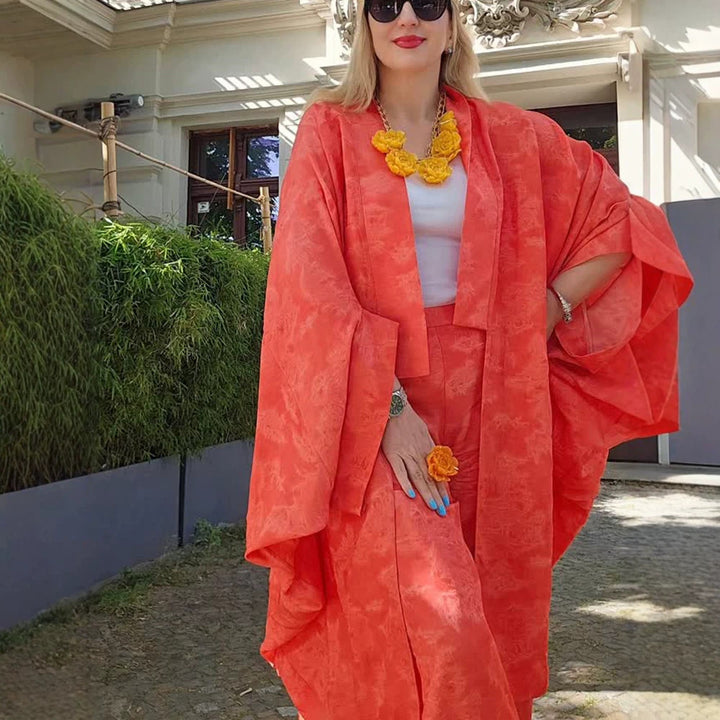 Damen Kaftan-Blazer-Set mit kimonoähnischen Ärmeln und weitem Palazzo-Hosen-Schnitt Drune