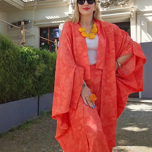 Damen Kaftan-Blazer-Set mit kimonoähnischen Ärmeln und weitem Palazzo-Hosen-Schnitt Drune
