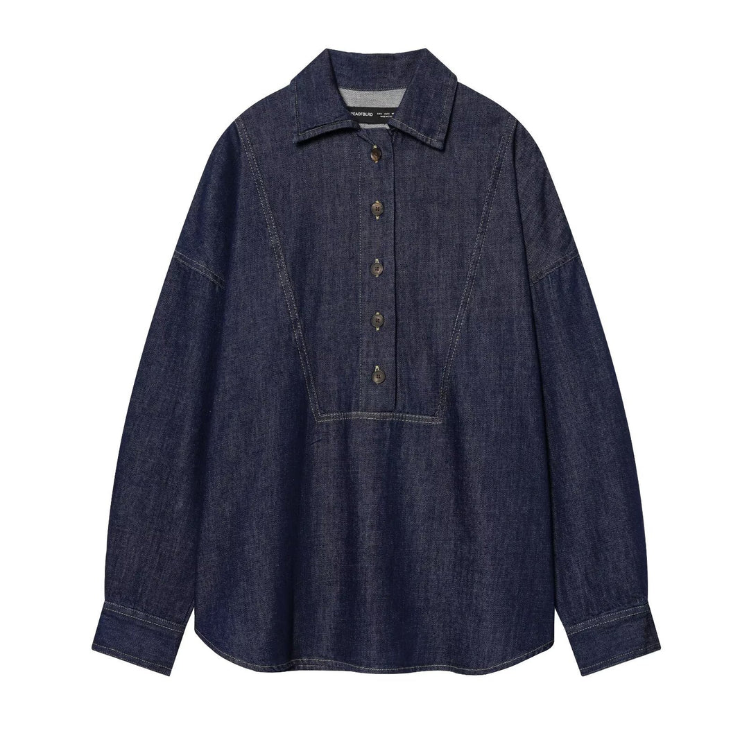 Damen Oversize-Denim-Tunika mit halber Knopfleiste und markanten Nahtdetails Drune