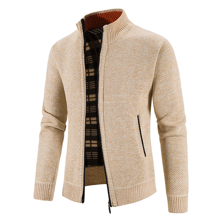 Herren nan Strickjacke mit durchgehendem Reißverschluss, Stehkragen und kariertem Futter Drune