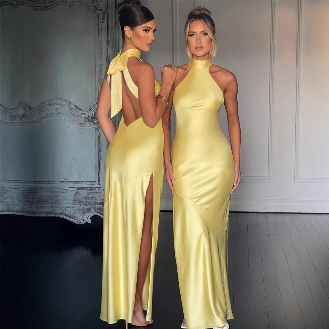 Damen Elegantes Neckholder-Maxikleid mit schlankem Schnitt und seitlichem Schlitz Drune