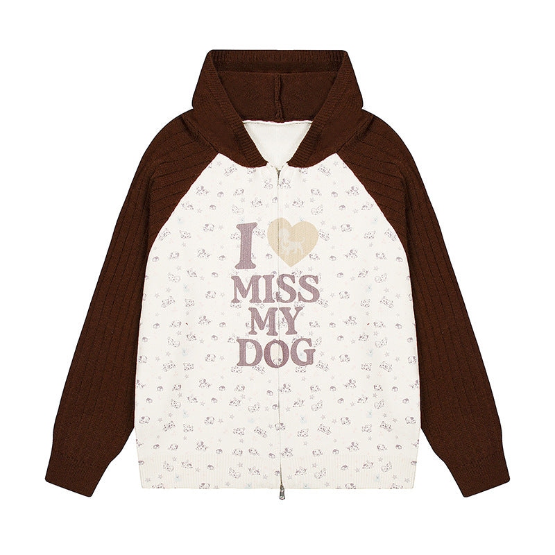 Damen Kapuzen‑Strickjacke mit durchgehendem Reißverschluss, gerippten Ärmeln und Hunde‑Statement‑Print Drune