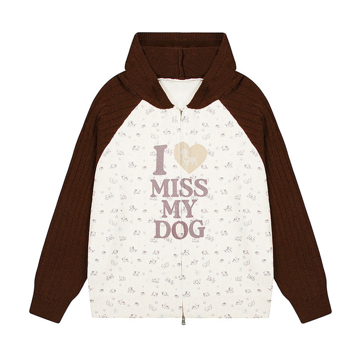 Damen Kapuzen‑Strickjacke mit durchgehendem Reißverschluss, gerippten Ärmeln und Hunde‑Statement‑Print Drune