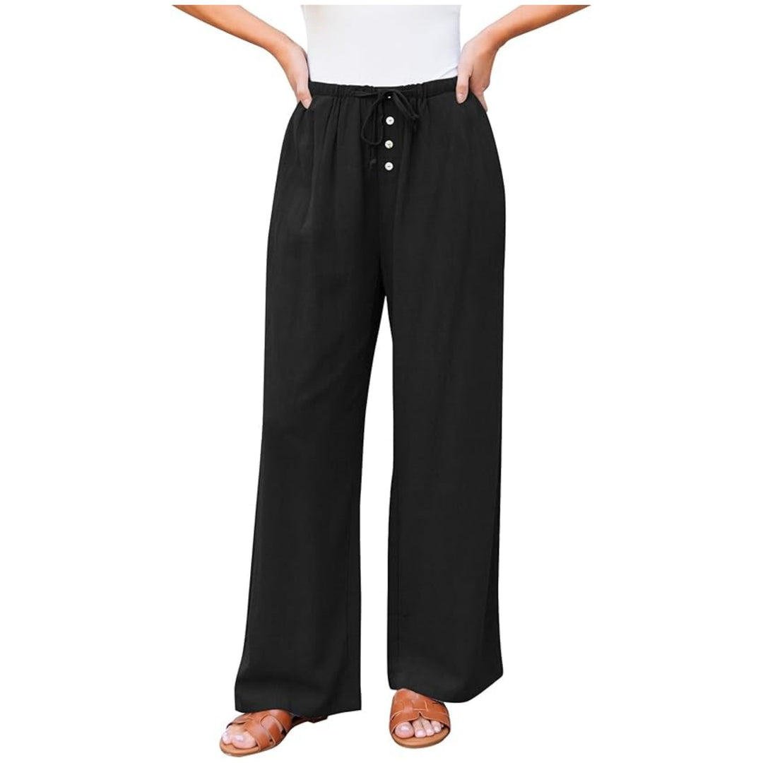 Damen weite Leinenhose mit elastischem Bund, Kordelzug und Knopfleiste Drune