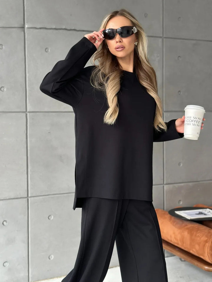 Damen eleganter Lounge-Zweiteiler mit Oversize-Sweatshirt und taillierter Weitbein-Hose Drune